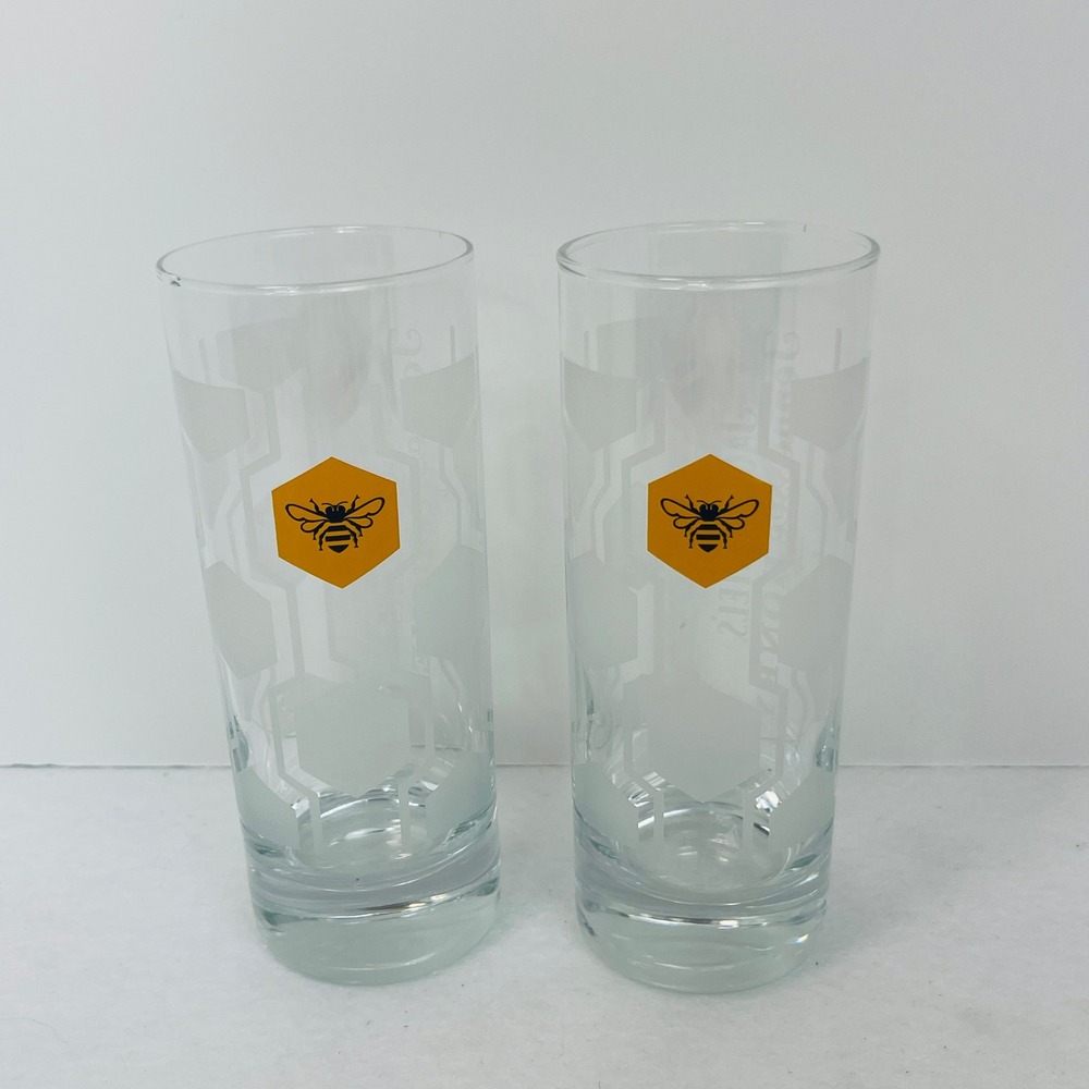 Jack Daniels Tennessee Honey Highbal Glasses Set of 2 Frosted Honeycomb Bee Logo